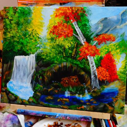 Painting Animal Baby Bears waterfall 16x20 signed.jpg