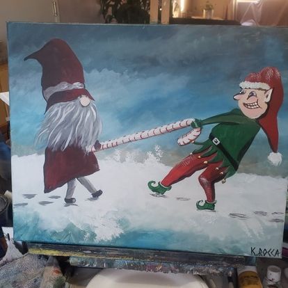 Painting Christmas Holiday Xmas Gnome Elf tug-o-war 16x20 signed.jpg