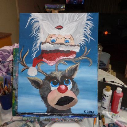 Painting Christmas Xmas Santa upside down reindeer 16x20 signed.jpg