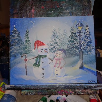 Painting Christmas Xmas Holiday Snowman and wife snowing 16x2 signed.jpg