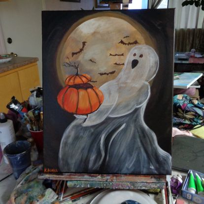 Painting Halloween happy ghost with bats 16x20 signed.jpg