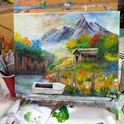 Painting Mountain scene house with boat 16x20 signed.jpg