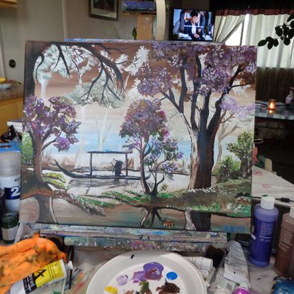 Painting Oriental fisherman cherry blossom flowers 16x20 signed.jpg
