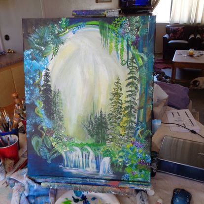Painting Whimsical Waterfall scene 16x20 signed.jpg