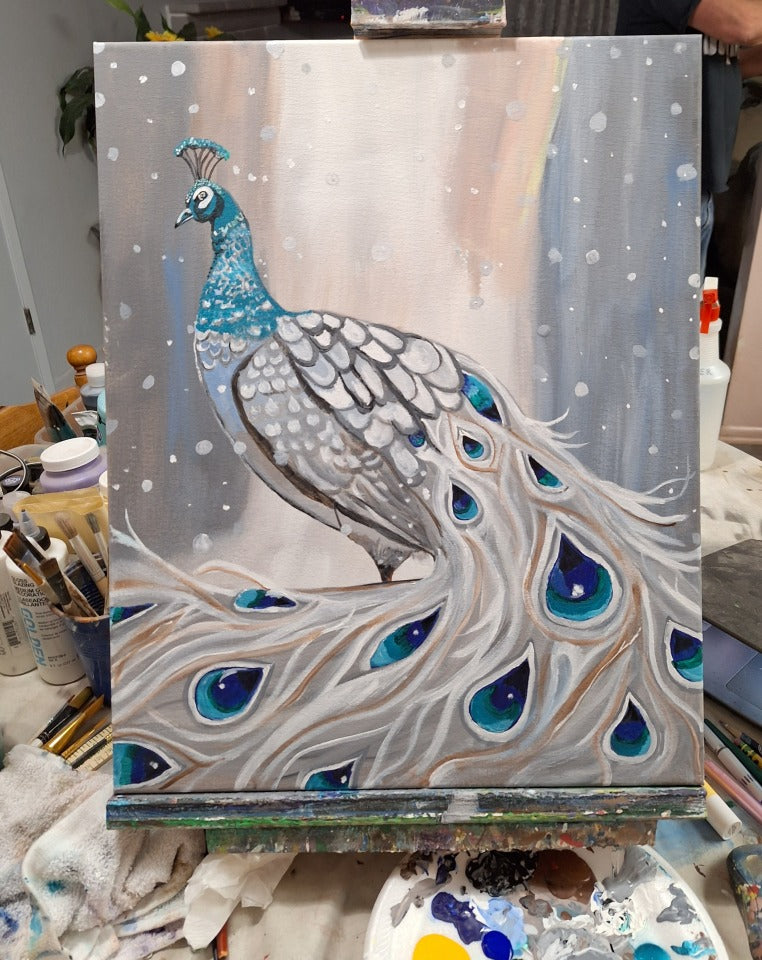 Painting Winter Peacock Xmas Christmas 16x20 Signed.jpg