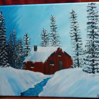 Painting Winter Snow House cabin Xmas Christmas 11x14 - Signed.jpg