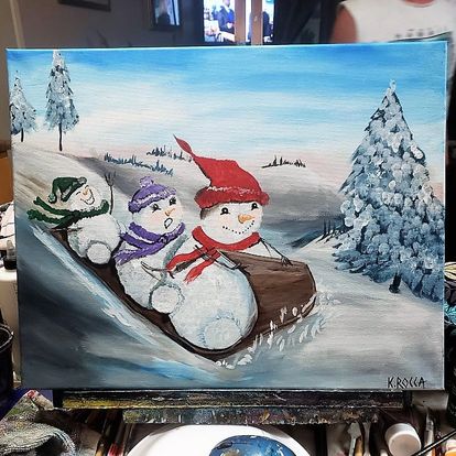 Painting Winter Christmas Xmas Snowmen sledding 16x20 signed.jpg