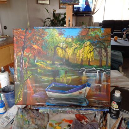 Painting boat weeping willow trees 16x20 signed.jpg