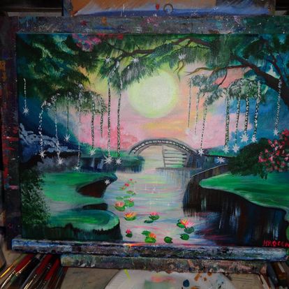 Painting bridge crossing lillys landscape 8x10 signed.jpg