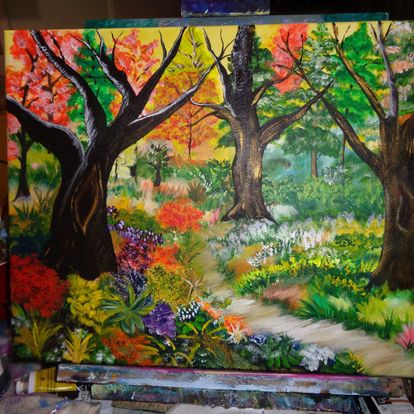 Painting colorful forest pathway trees 16x20 signed.jpg