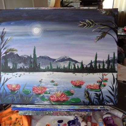 Painting red lotus flower evening 16x20 signed.jpg