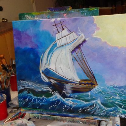 Painting ship in rough seas 16x20 Signed.jpg