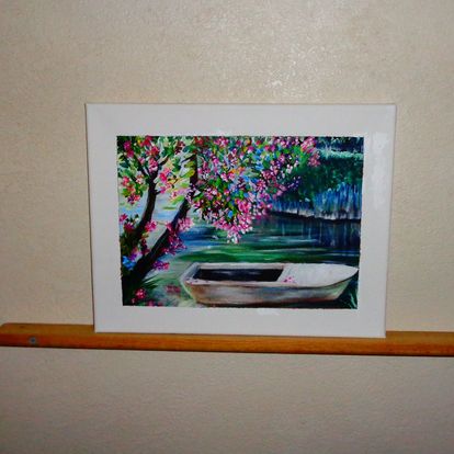 Painting boat with beautiful pink flower scenery 11x14 Signed.jpg